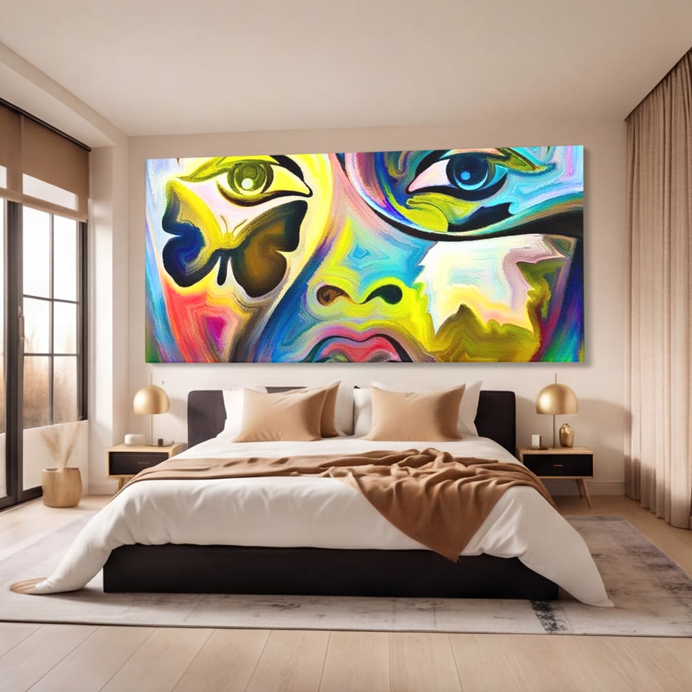 Tablou canvas cu tablou canvas cu chip abstract si fluture, fara rama, pe sasiu de lemn, pe perete intr-un dormitor